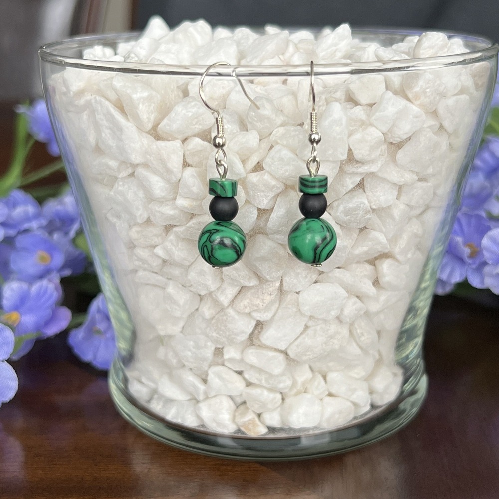 Handmade Malachite Style Beaded Drop Earrings S925 Sterling Silver Hooks Green